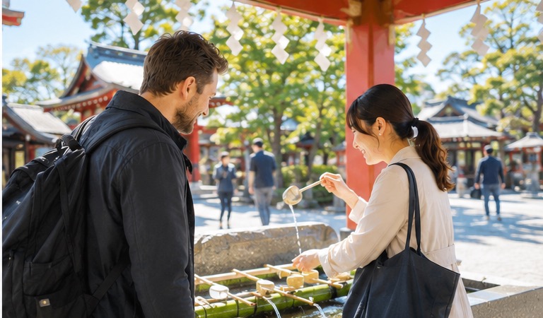 講師と神社でおでかけレッスンを楽しむ様子